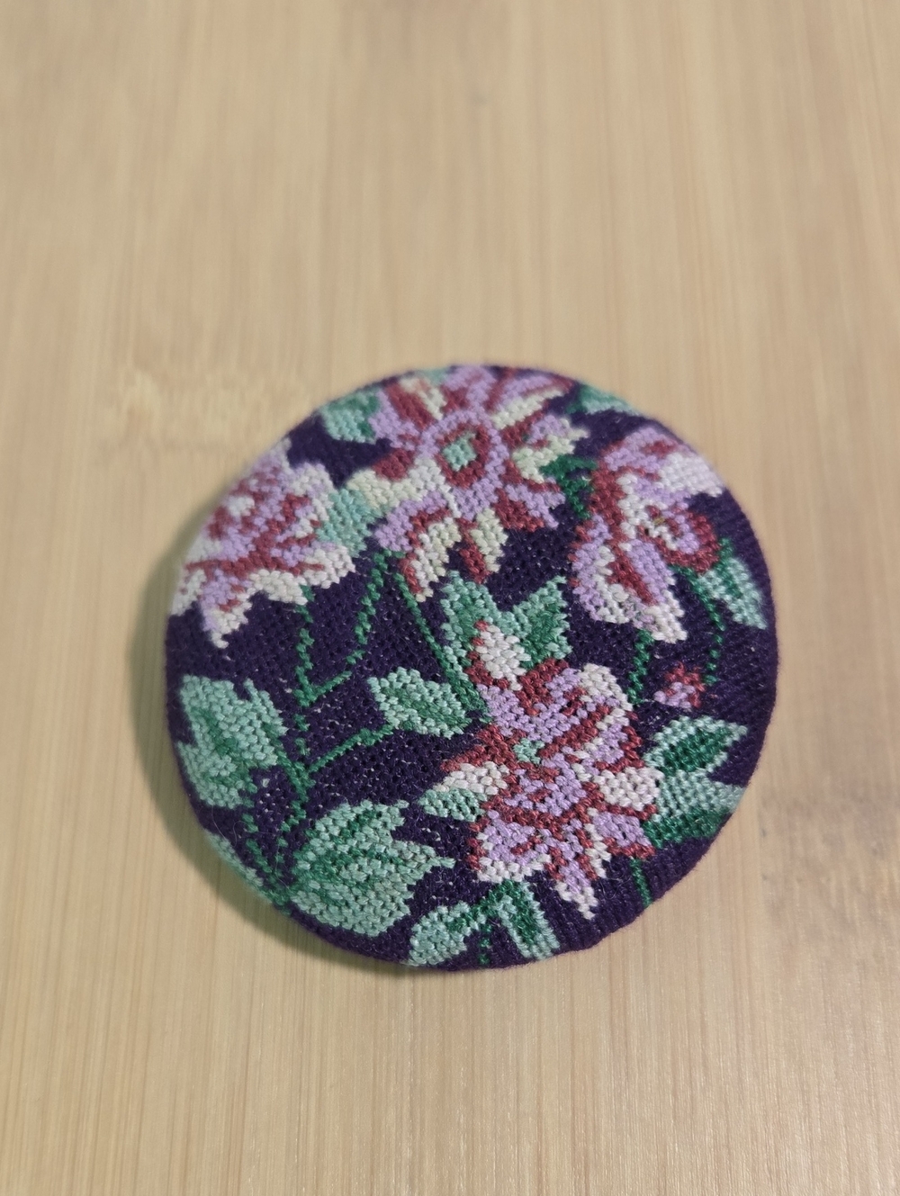 April Cornell Purple Floral Cross-Stitch Fabric Brooch Pin